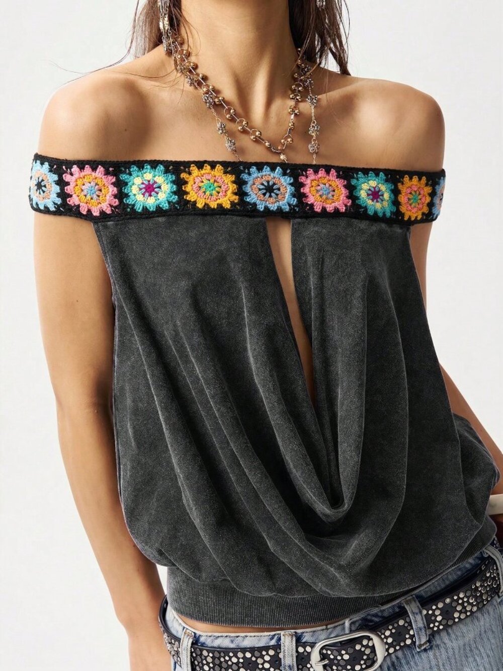 Grey Casual Women's Washed Knit T-Shirt With Braid Trim - Picture 5 of 8